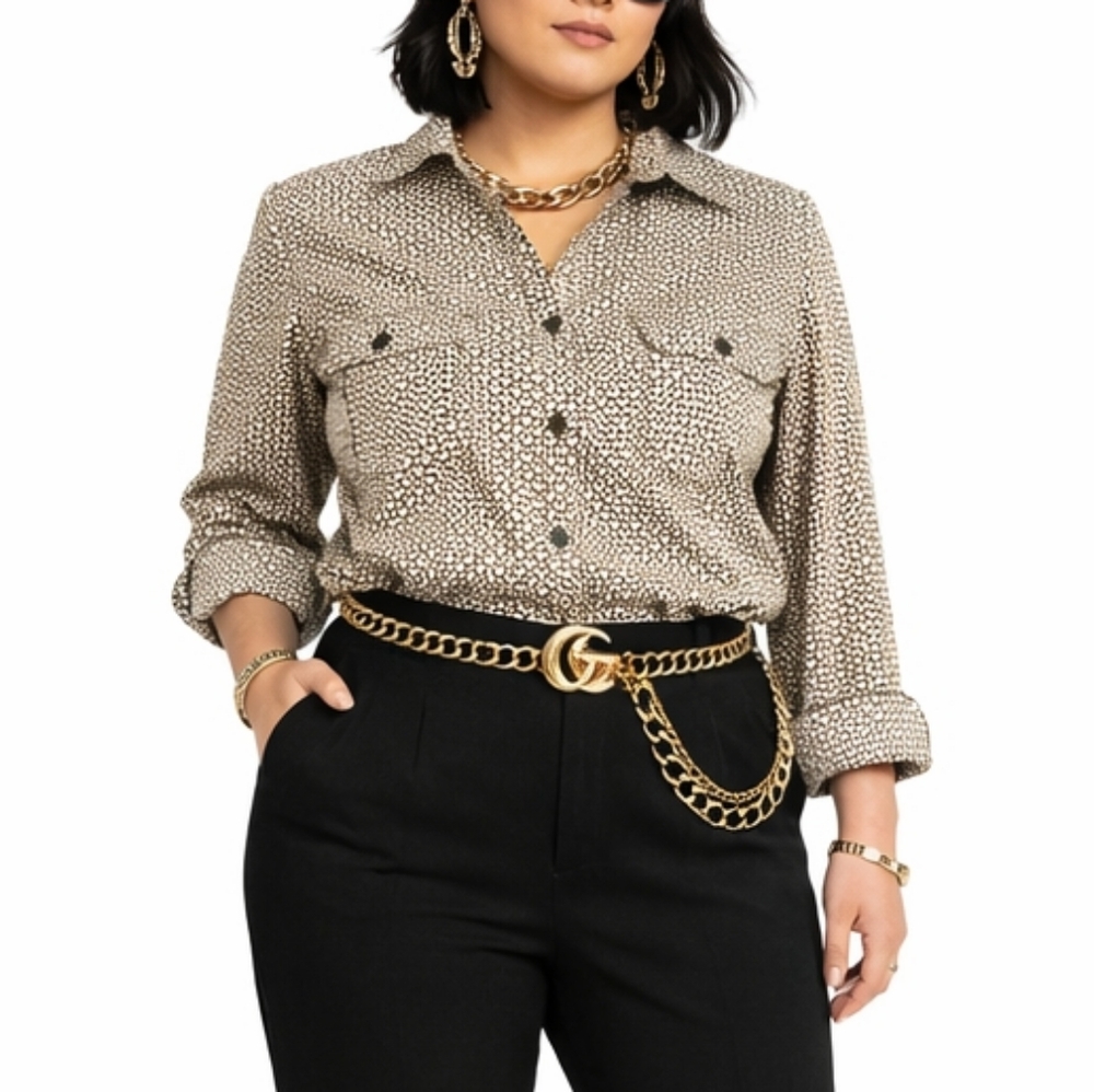 KIM ROGERS Petite Size Large Beige Button Up Roll Tab Sleeve Camp Business‎ Top